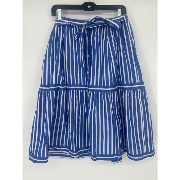 J. CREW Button Front Striped Belt Midi Skirt Womens Size 8 Blue Preppy Academia - Picture 2 of 9